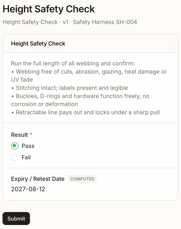 The G2G console showing the height safety check for Safety Harness SH-004 — webbing, stitching, buckles and retractable line — with a pass or fail result and a computed retest date.