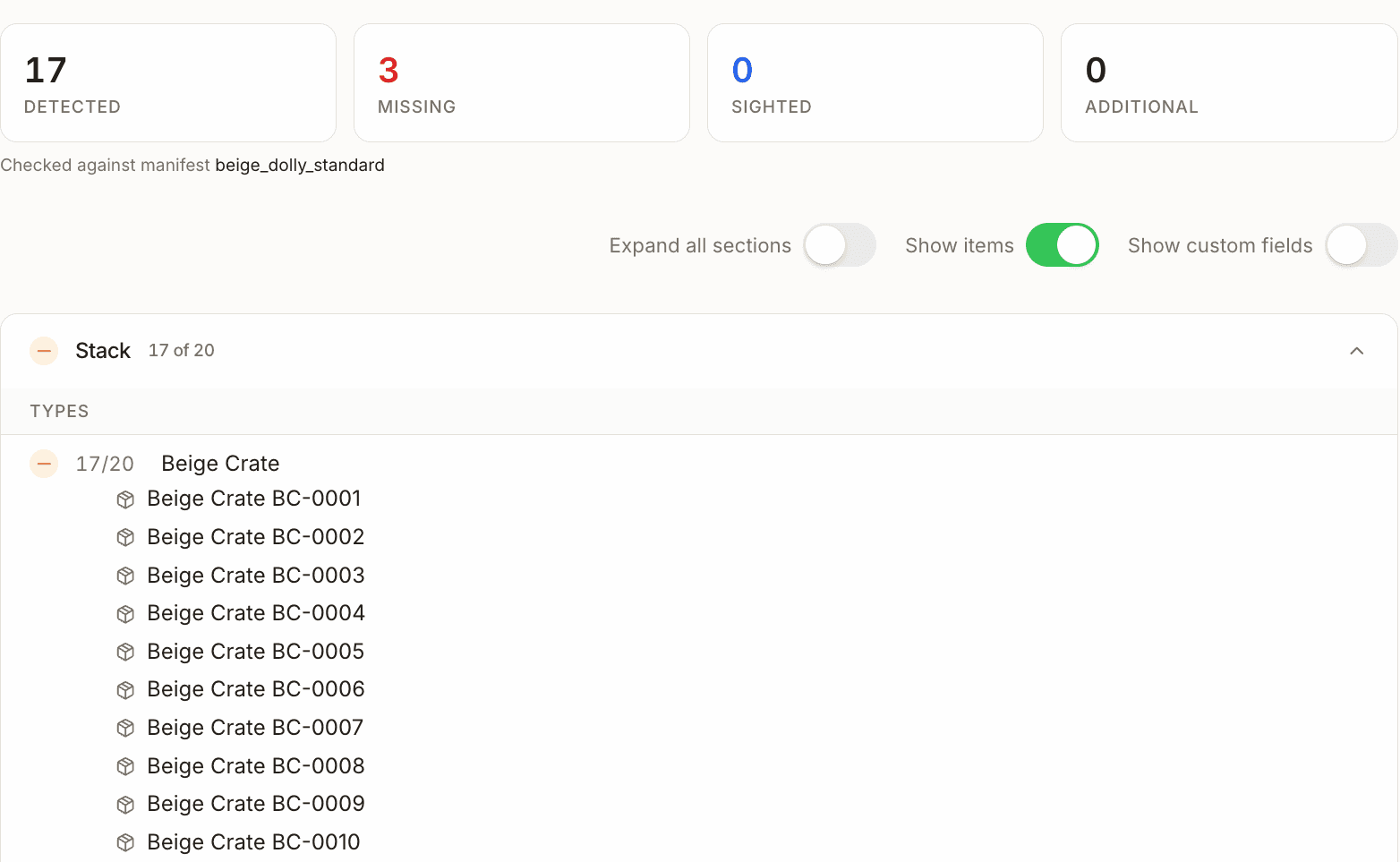 The G2G console showing a manifest check against the beige dolly standard — 17 crates detected against a required 20, three missing, with the stack listed crate by crate.