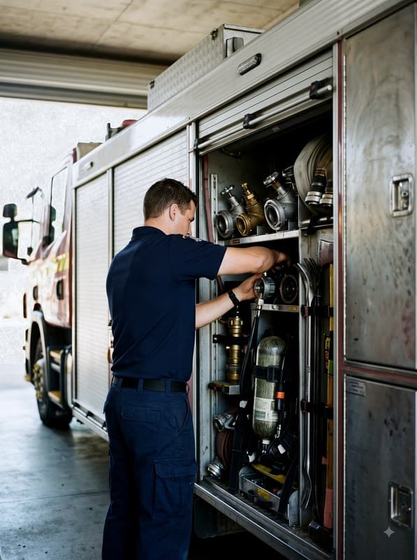 A firefighter working through the equipment stowed in an open appliance locker.