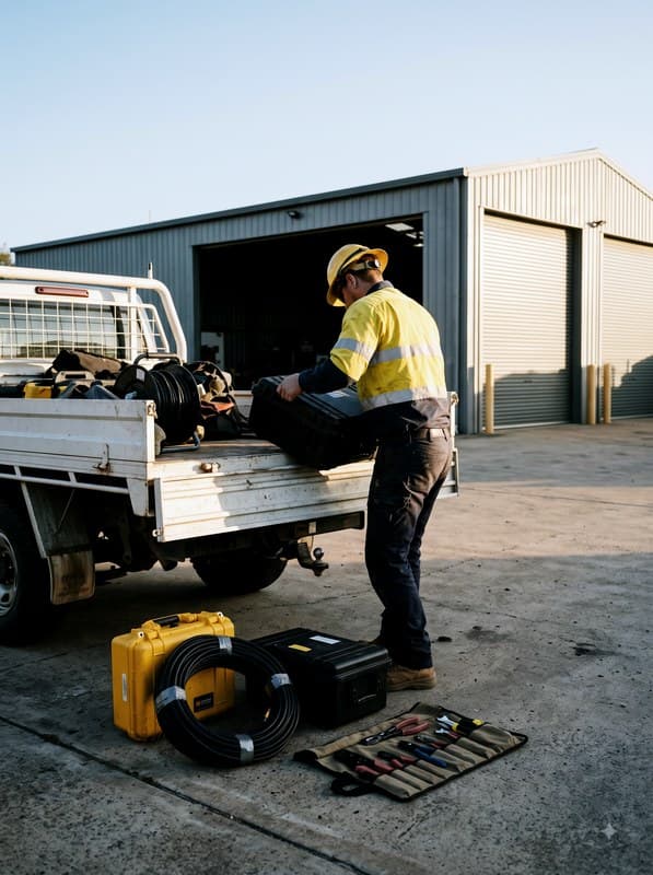A lineworker loading equipment into the tray of a utility vehicle at a depot yard.