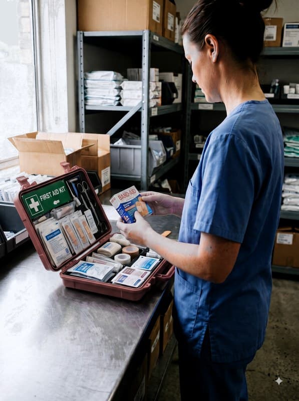 A nurse checking the contents of an open first aid kit in a clinical store room.