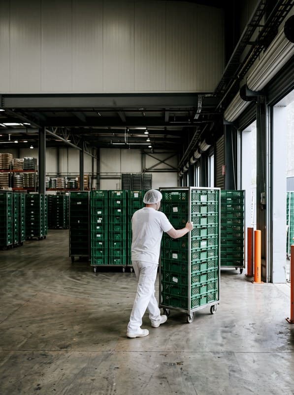 A bakery worker moving a rack of delivery crates towards the dispatch dock.