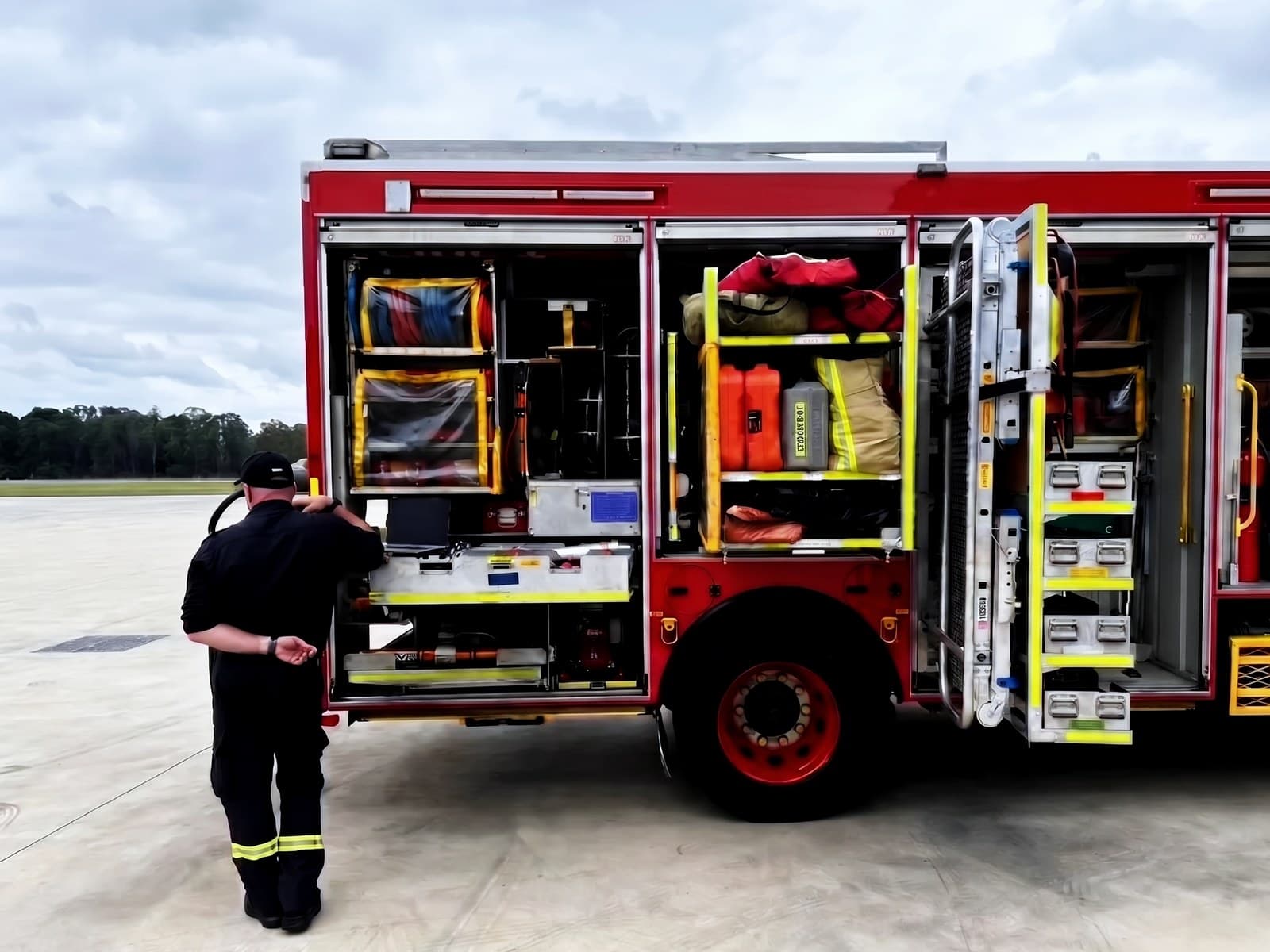 Emergency response equipment being checked before the vehicle leaves.