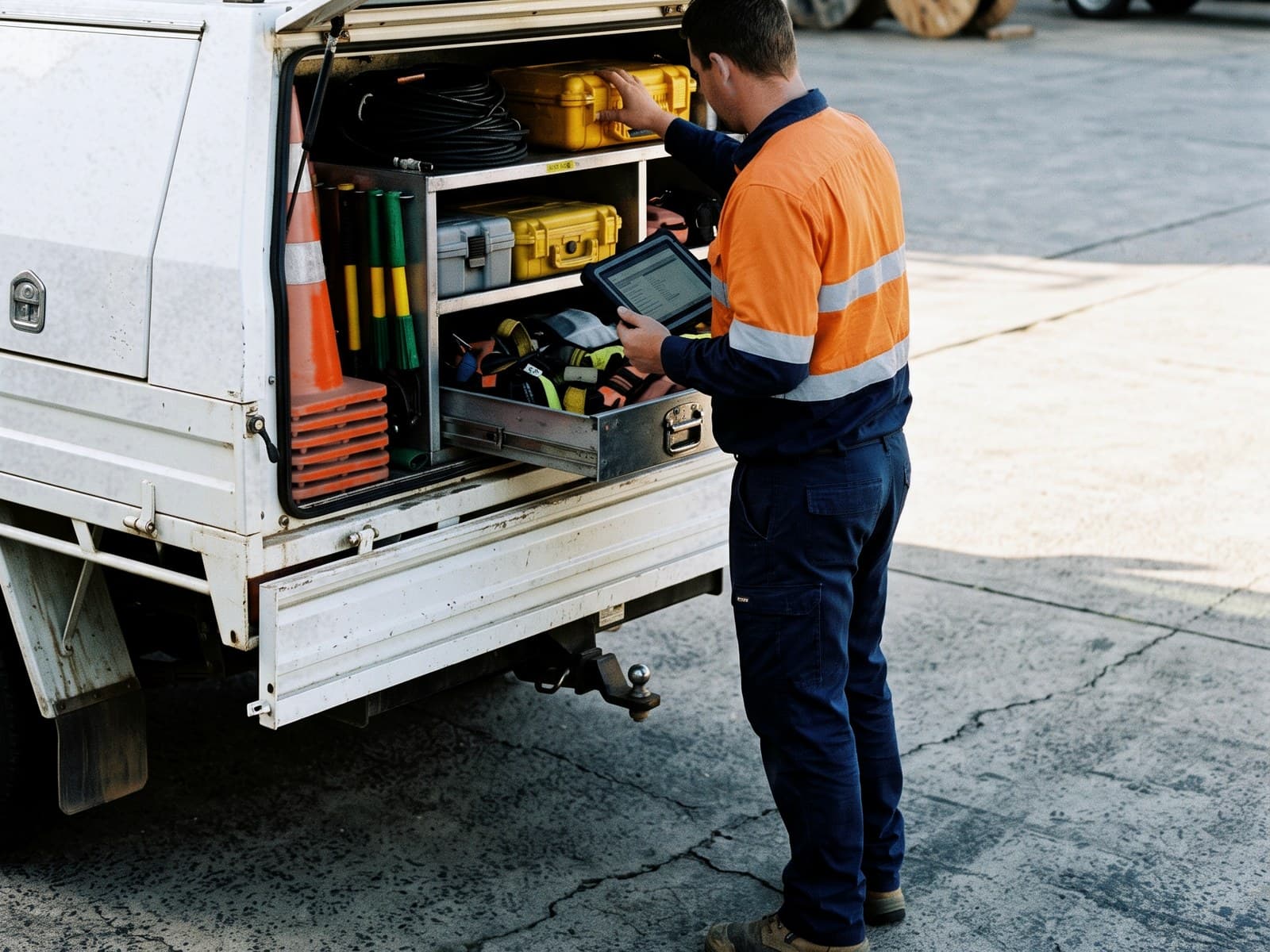 Field equipment being checked before a work vehicle leaves.