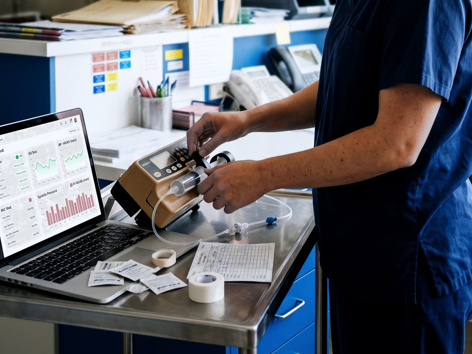 A healthcare worker checking that required equipment is present.