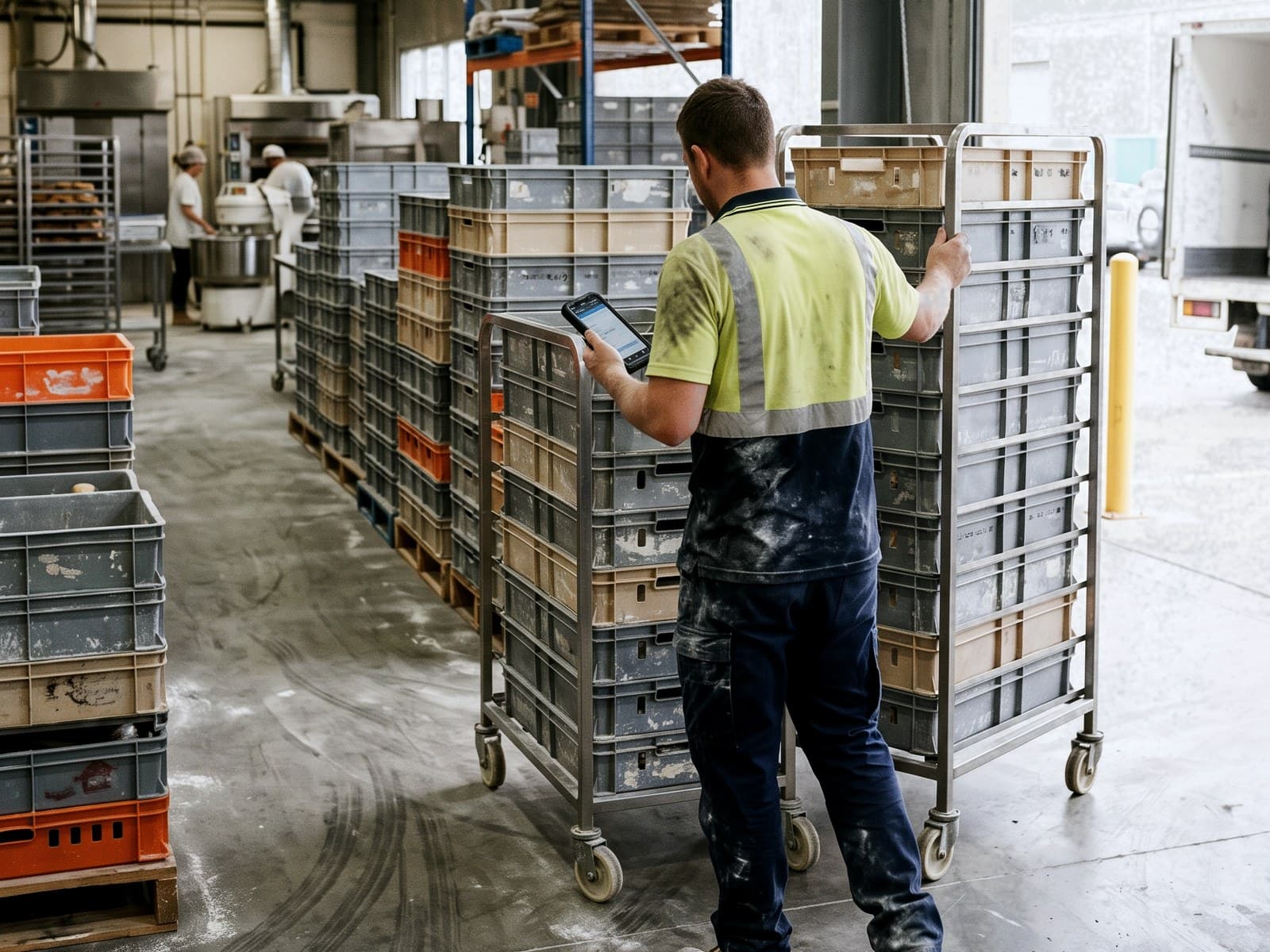 Reusable delivery equipment being prepared for the next day’s work.