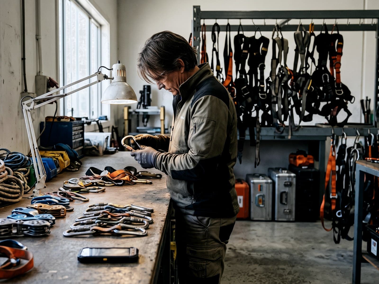 A technician inspecting rescue hardware at a servicing bench, with ropes, carabiners and harnesses laid out.