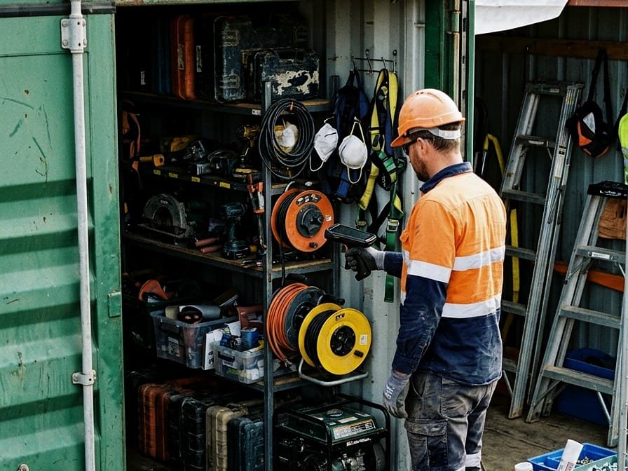 A worker checking through the equipment stored in a site container before work begins.
